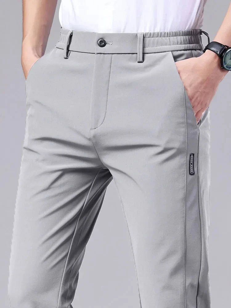 Calça casual masculina, cós semi-elástico
