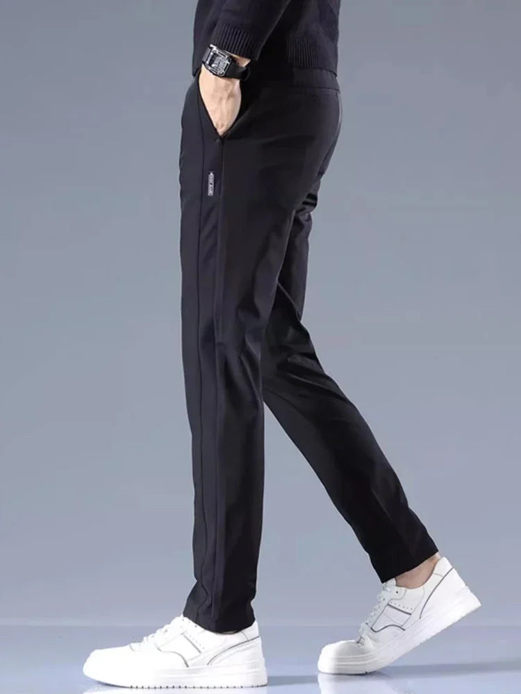 Calça casual masculina, cós semi-elástico