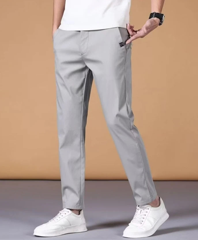 Calça casual masculina, cós semi-elástico