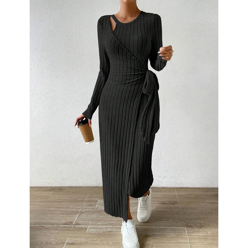 Vestido NoEnName_Null outono justo liso assimétrico