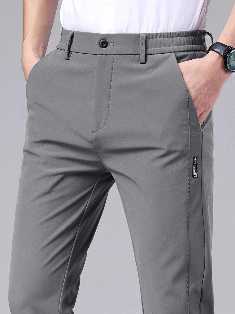 Calça casual masculina, cós semi-elástico