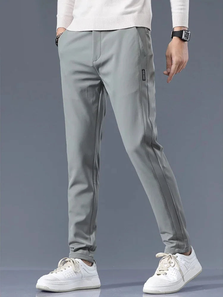 Calça casual masculina, cós semi-elástico