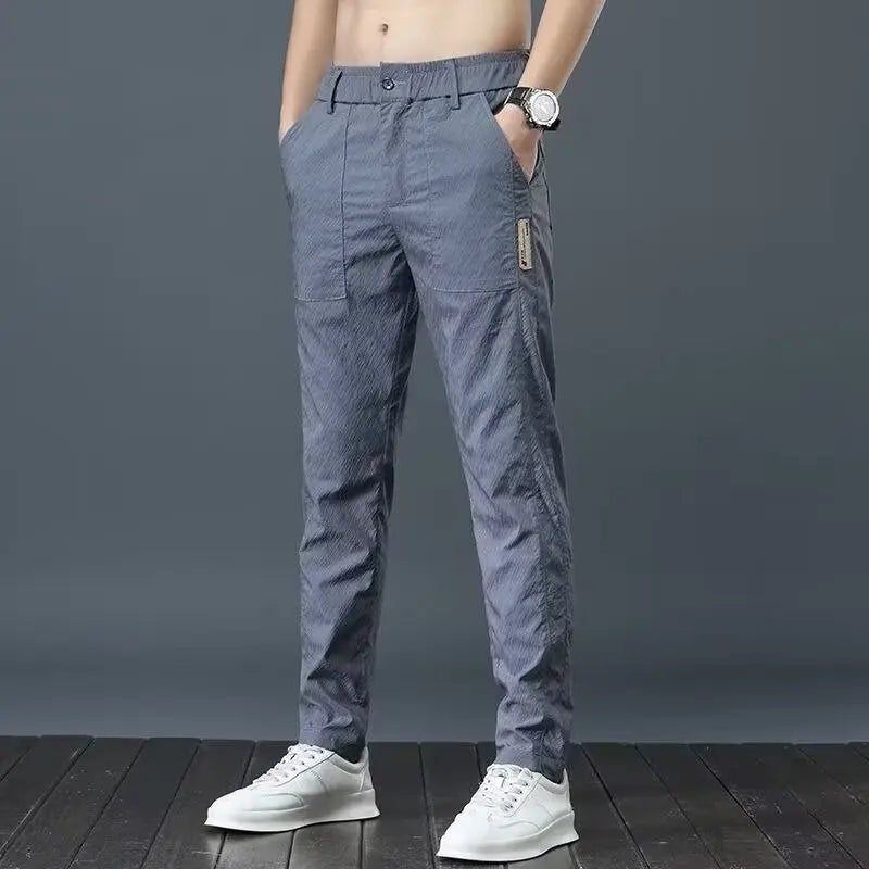Calça casual masculina, cós semi-elástico