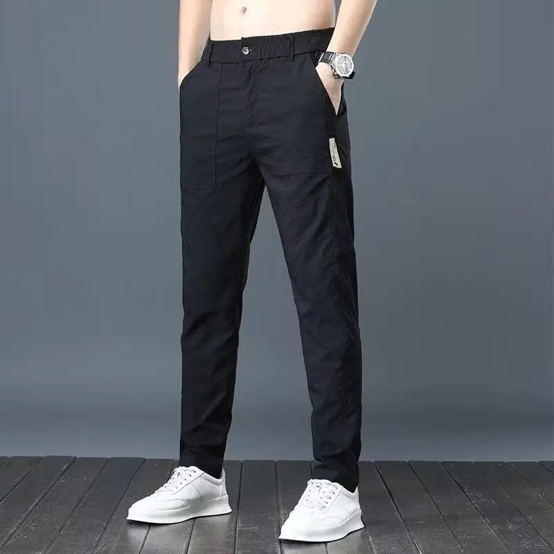 Calça casual masculina, cós semi-elástico
