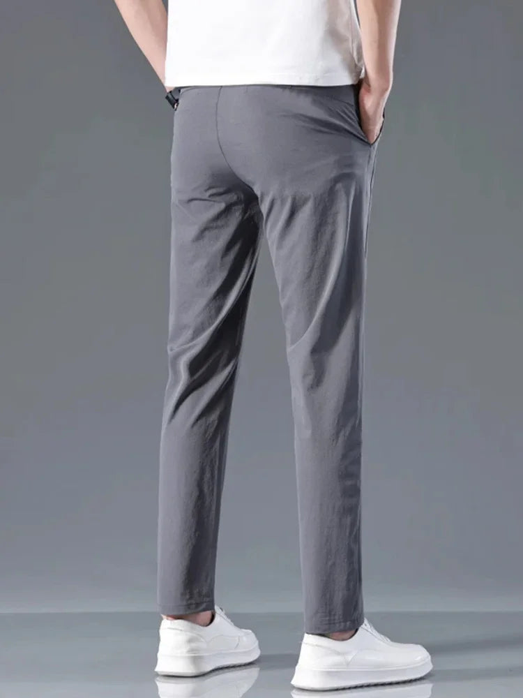 Calça casual masculina, cós semi-elástico