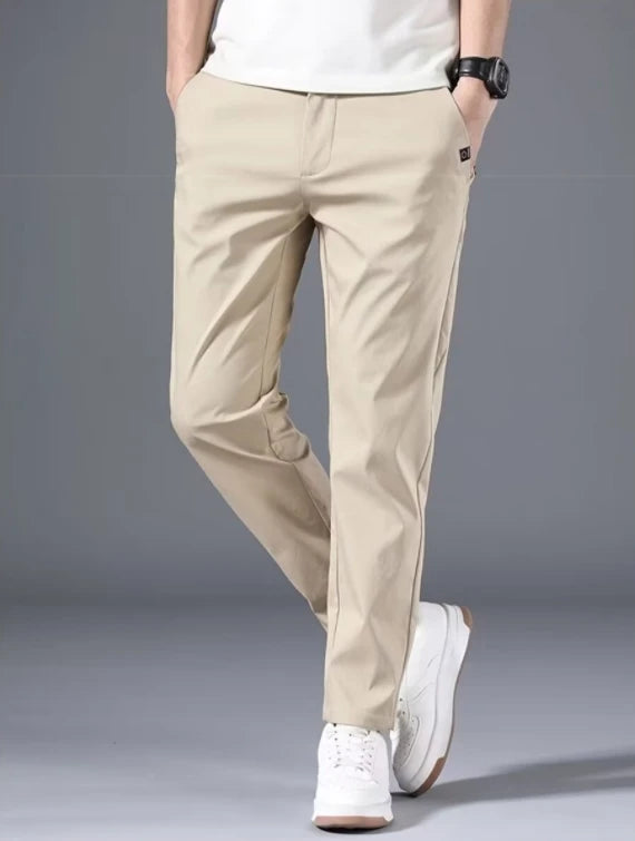 Calça casual masculina, cós semi-elástico