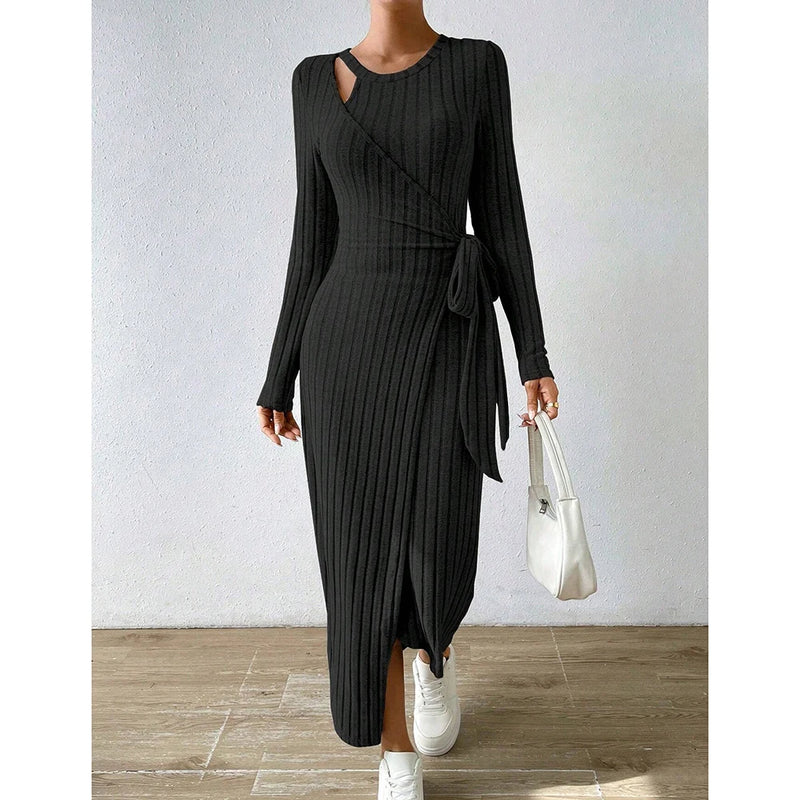 Vestido NoEnName_Null outono justo liso assimétrico